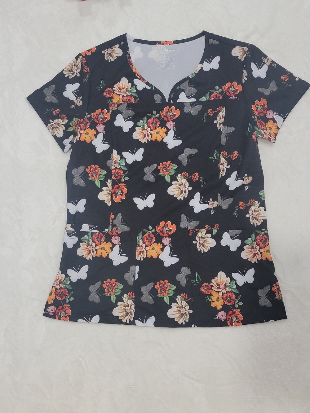Floral & Butterfly Print V-Neck Scrub Top - Black/Multicolor